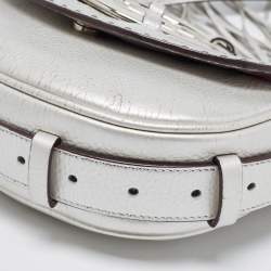 Pre Owned Lancel Silver Leather Logo Embellished Crossbody Bag