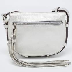 Pre Owned Lancel Silver Leather Logo Embellished Crossbody Bag