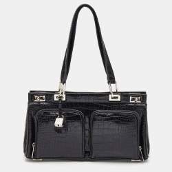 Pre Owned Lancel Black Crocodile Leather Double Pocket Tote