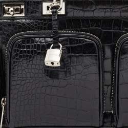 Pre Owned Lancel Black Crocodile Leather Double Pocket Tote