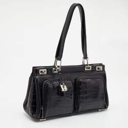 Pre Owned Lancel Black Crocodile Leather Double Pocket Tote