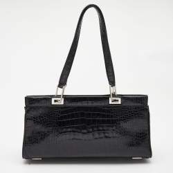 Pre Owned Lancel Black Crocodile Leather Double Pocket Tote