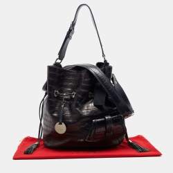 Lancel Metallic/Navy Blue Croc Embossed Leather Large Premier Flirt Bucket Bag