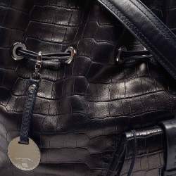 Lancel Metallic/Navy Blue Croc Embossed Leather Large Premier Flirt Bucket Bag