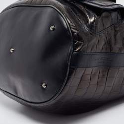 Lancel Metallic/Navy Blue Croc Embossed Leather Large Premier Flirt Bucket Bag
