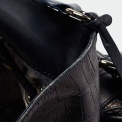 Lancel Metallic/Navy Blue Croc Embossed Leather Large Premier Flirt Bucket Bag