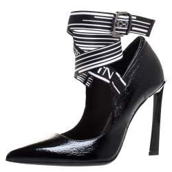Pre Owned Lanvin Black Textured Patent Leather Pointed Toe Lace Buckle Pumps Size 36