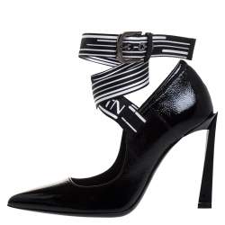 Pre Owned Lanvin Black Textured Patent Leather Pointed Toe Lace Buckle Pumps Size 36