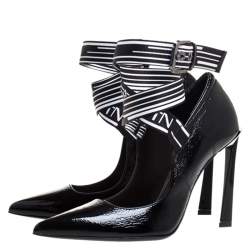 Pre Owned Lanvin Black Textured Patent Leather Pointed Toe Lace Buckle Pumps Size 36