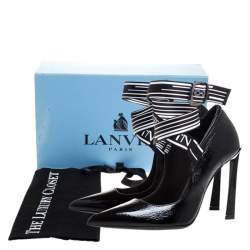 Pre Owned Lanvin Black Textured Patent Leather Pointed Toe Lace Buckle Pumps Size 36