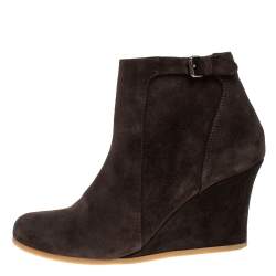 Pre Owned Lanvin Brown Suede Zip Wedge Ankle Boots Size 37.5