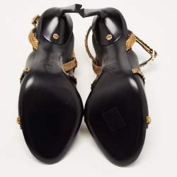 Pre Owned Lanvin Black/Gold Leather and Python Ankle Strap Mules Size 38.5