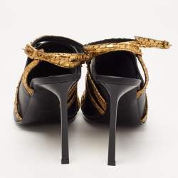 Pre Owned Lanvin Black/Gold Leather and Python Ankle Strap Mules Size 38.5