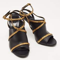 Pre Owned Lanvin Black/Gold Leather and Python Ankle Strap Mules Size 38.5