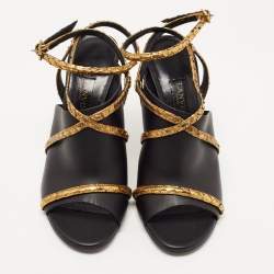 Pre Owned Lanvin Black/Gold Leather and Python Ankle Strap Mules Size 38.5