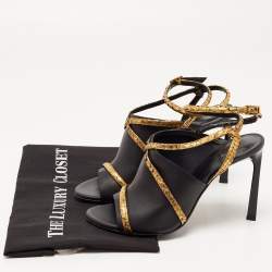 Pre Owned Lanvin Black/Gold Leather and Python Ankle Strap Mules Size 38.5