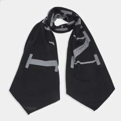 Pre Owned Lanvin Black/Grey Logo Patterned Wool Scarf
