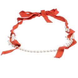 Pre Owned Lanvin Orange Fabric Faux Pearl Strand Long Tie-up Necklace