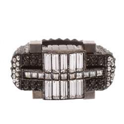 Pre Owned Lanvin Crystal Embellished Black Tone Cocktail Ring Size 54.5