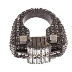 Pre Owned Lanvin Crystal Embellished Black Tone Cocktail Ring Size 54.5