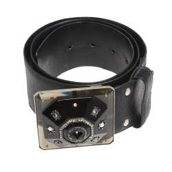 Pre Owned Lanvin Black Leather Crystals Embellished Square Buckle Belt S