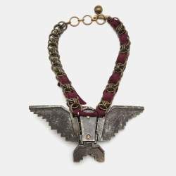 Pre Owned Lanvin Purple Two Tone Metal Crystal Eagle Pendant Necklace