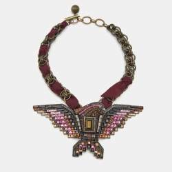 Pre Owned Lanvin Purple Two Tone Metal Crystal Eagle Pendant Necklace