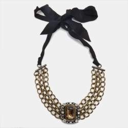 Lanvin Crystals Gold Tone Fabric Necklace