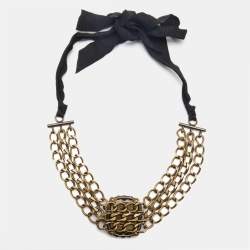 Lanvin Crystals Gold Tone Fabric Necklace