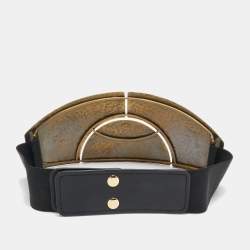 Pre Owned Lanvin Gold/Black Elastic and Leather Metal Plate Wide Belt S