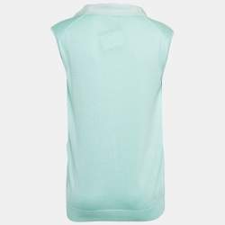 Pre Owned Lanvin Mint Green Cotton & Silk Knit Fringed Collar Sleeveless Top M