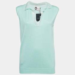 Pre Owned Lanvin Mint Green Cotton & Silk Knit Fringed Collar Sleeveless Top M