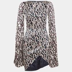 Pre Owned Lanvin Blue Printed Satin Flared Sleeve Mini Dress S