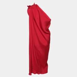 Pre Owned Lanvin Pink Stretch Satin Ruffle Shoulderless Asymmetric Dress L