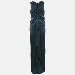 Lanvin Blue Satin Silk Frayed Asymmetric Sleeveless Maxi Dress S