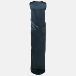 Lanvin Blue Satin Silk Frayed Asymmetric Sleeveless Maxi Dress S