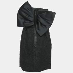Lanvin Black Satin and Textured Jacquard Bow Detail Strapless Mini Dress M