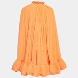 Pre Owned Lanvin Orange Crepe Cape Detail Ruffled Charmeuse Dress L