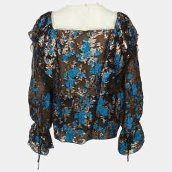 مملوكة مسبقًا Lanvin Black Floral Brocade & Lace Ruffled Blouse M