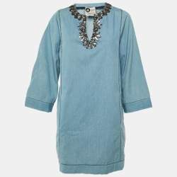 مملوكة مسبقًا فستان إلباز x لانفين X أكني جينز أزرق مزين التفاصيل قصير ميني وسط