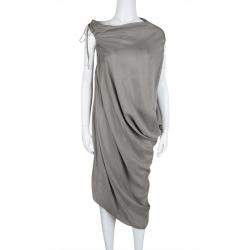 Pre Owned Lanvin Grey Gathered Tie Detail Draped Asymmetric Dress M