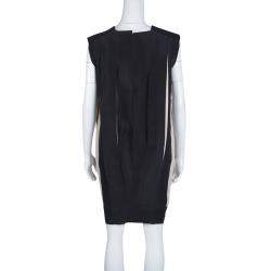 Pre Owned Lanvin Black and Cream Box Pleated Bow Detail Sleeveless Dress M