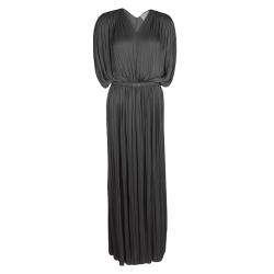 Pre Owned Lanvin Grey Draped Plisse Gathered Belted Maxi Dress S