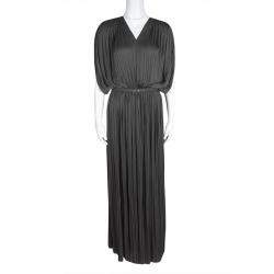Pre Owned Lanvin Grey Draped Plisse Gathered Belted Maxi Dress S