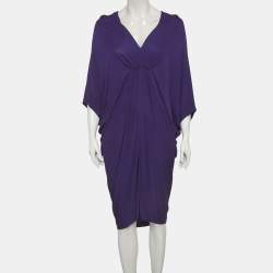 Pre Owned Lanvin Purple Stretch Knit Ruched V-Neck Mini Dress 