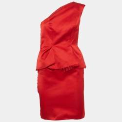 Pre Owned Lanvin Les 10 ans Red Satin One Shoulder Peplum Dress S