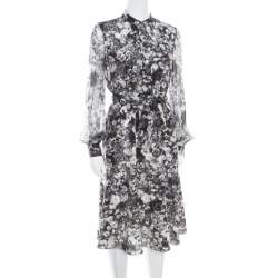 Pre Owned Lanvin Dark Grey Floral Printed Silk Belted Midi Dress S