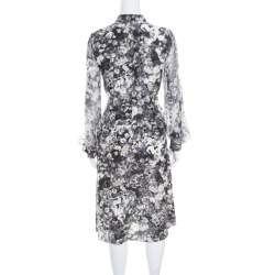 Pre Owned Lanvin Dark Grey Floral Printed Silk Belted Midi Dress S