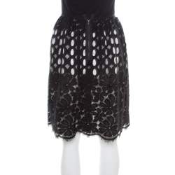 Pre Owned Lanvin Black Floral Cutout Lace Scalloped Bottom Gathered Skirt M