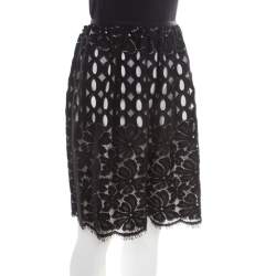 Pre Owned Lanvin Black Floral Cutout Lace Scalloped Bottom Gathered Skirt M